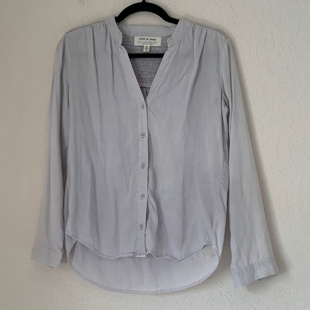 Anthropologie‎ Cloth Stone Blouse XS Gray Smocked Button Boho Coastal Lagenlook